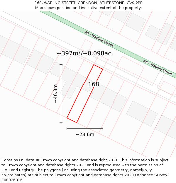 168, WATLING STREET, GRENDON, ATHERSTONE, CV9 2PE: Plot and title map