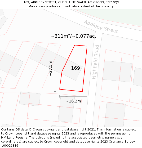 169, APPLEBY STREET, CHESHUNT, WALTHAM CROSS, EN7 6QX: Plot and title map