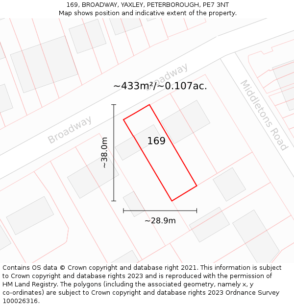 169, BROADWAY, YAXLEY, PETERBOROUGH, PE7 3NT: Plot and title map