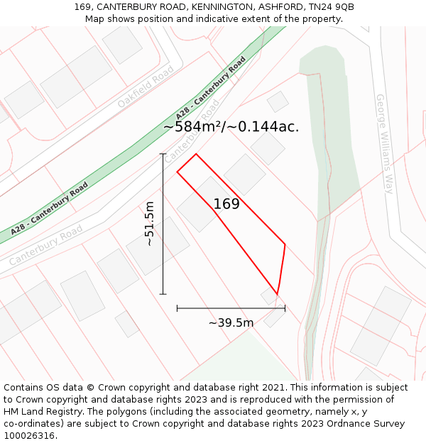 169, CANTERBURY ROAD, KENNINGTON, ASHFORD, TN24 9QB: Plot and title map