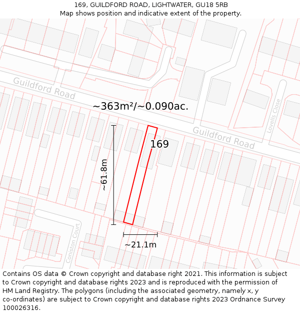 169, GUILDFORD ROAD, LIGHTWATER, GU18 5RB: Plot and title map