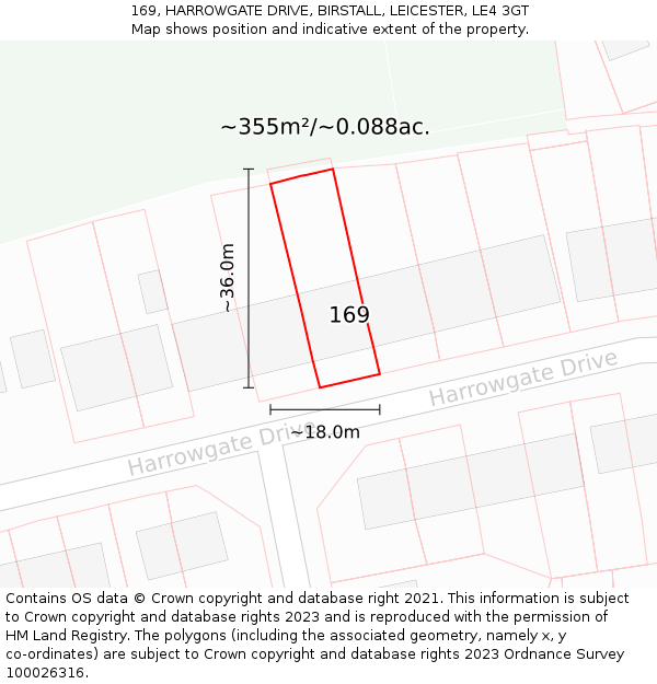 169, HARROWGATE DRIVE, BIRSTALL, LEICESTER, LE4 3GT: Plot and title map