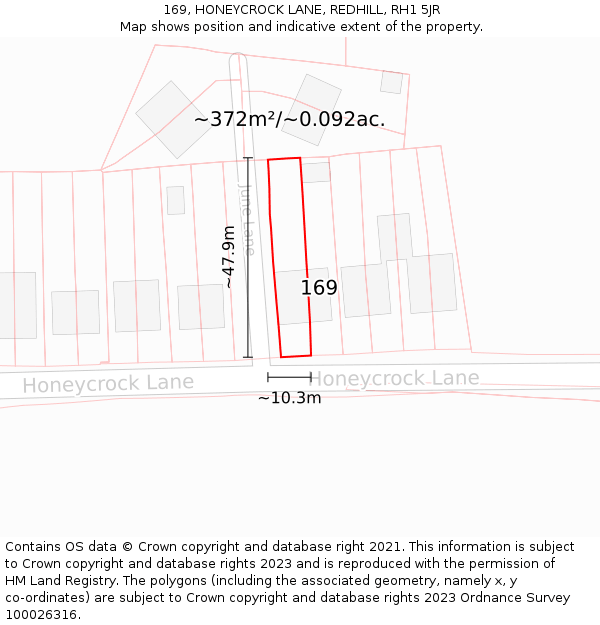 169, HONEYCROCK LANE, REDHILL, RH1 5JR: Plot and title map