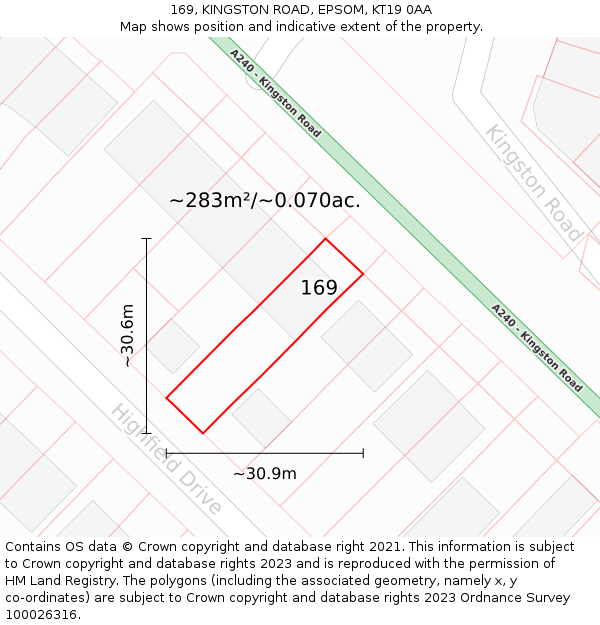 169, KINGSTON ROAD, EPSOM, KT19 0AA: Plot and title map