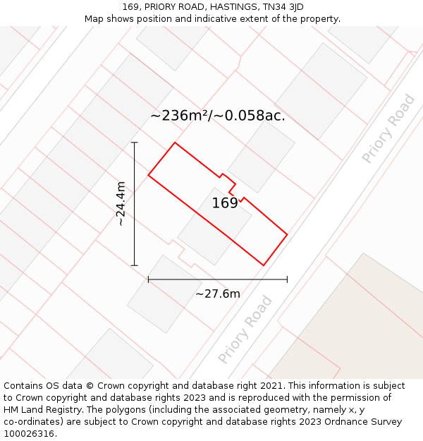 169, PRIORY ROAD, HASTINGS, TN34 3JD: Plot and title map