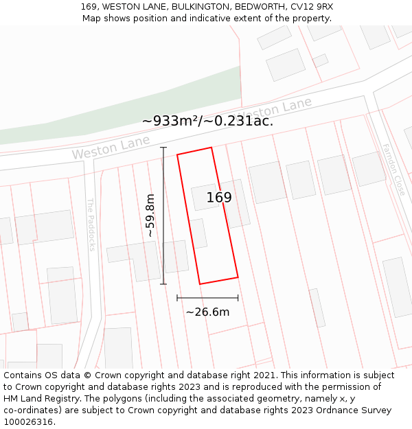 169, WESTON LANE, BULKINGTON, BEDWORTH, CV12 9RX: Plot and title map