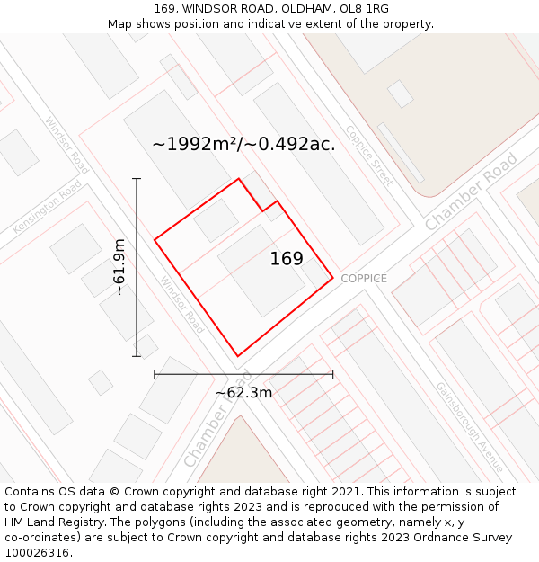 169, WINDSOR ROAD, OLDHAM, OL8 1RG: Plot and title map