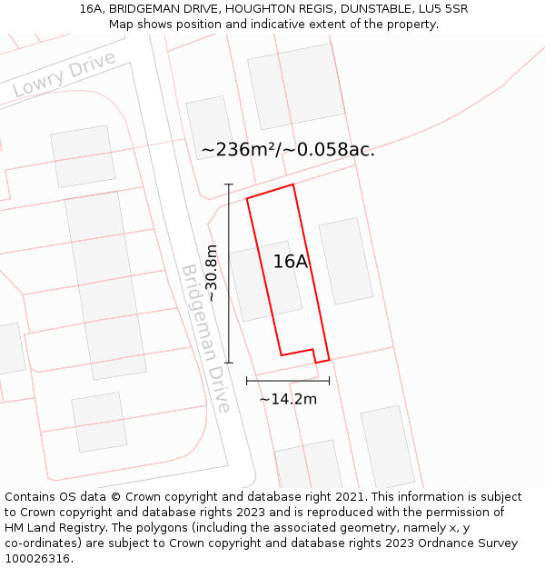 16A, BRIDGEMAN DRIVE, HOUGHTON REGIS, DUNSTABLE, LU5 5SR: Plot and title map