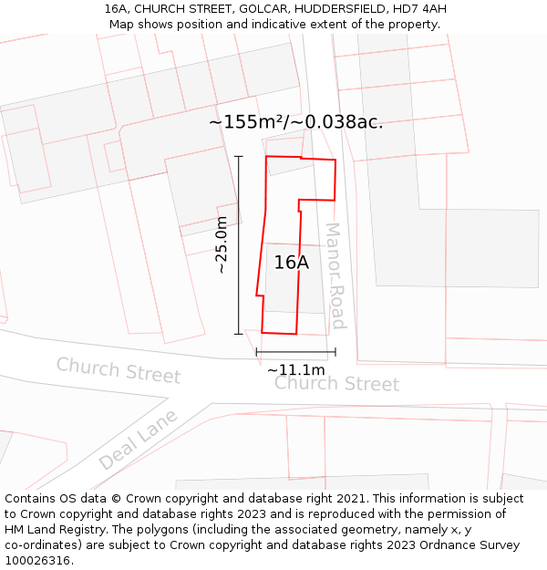 16A, CHURCH STREET, GOLCAR, HUDDERSFIELD, HD7 4AH: Plot and title map