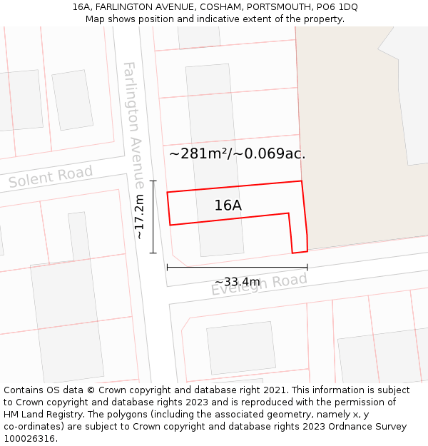 16A, FARLINGTON AVENUE, COSHAM, PORTSMOUTH, PO6 1DQ: Plot and title map