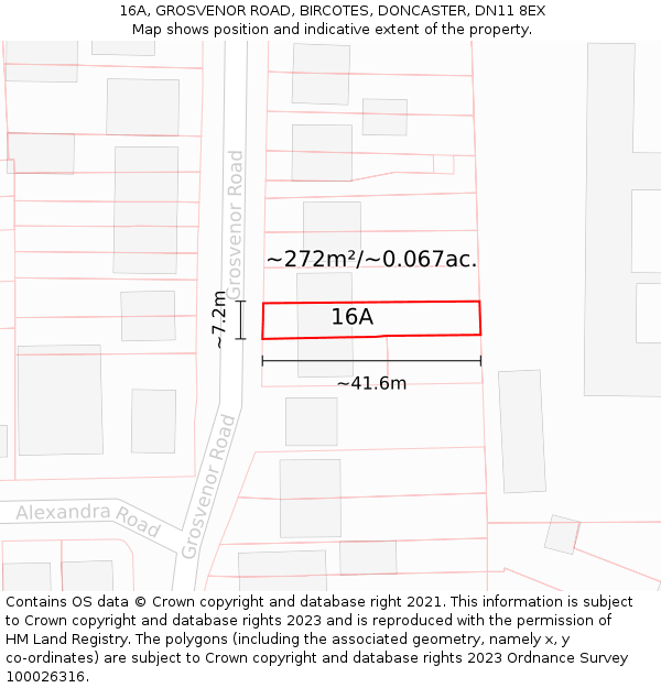 16A, GROSVENOR ROAD, BIRCOTES, DONCASTER, DN11 8EX: Plot and title map