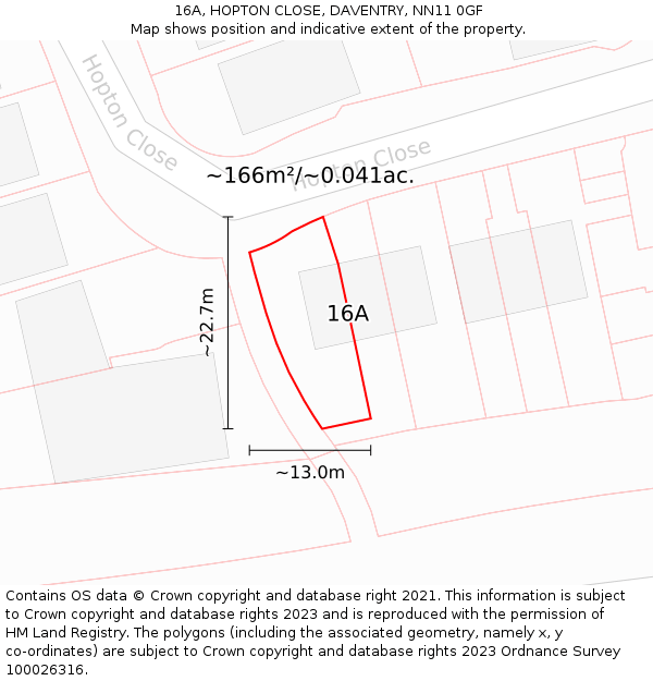 16A, HOPTON CLOSE, DAVENTRY, NN11 0GF: Plot and title map