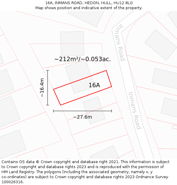 16A, INMANS ROAD, HEDON, HULL, HU12 8LG: Plot and title map