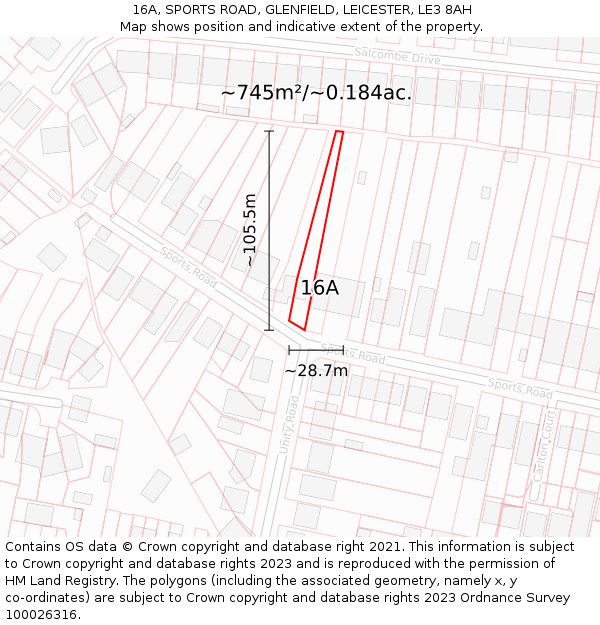 16A, SPORTS ROAD, GLENFIELD, LEICESTER, LE3 8AH: Plot and title map