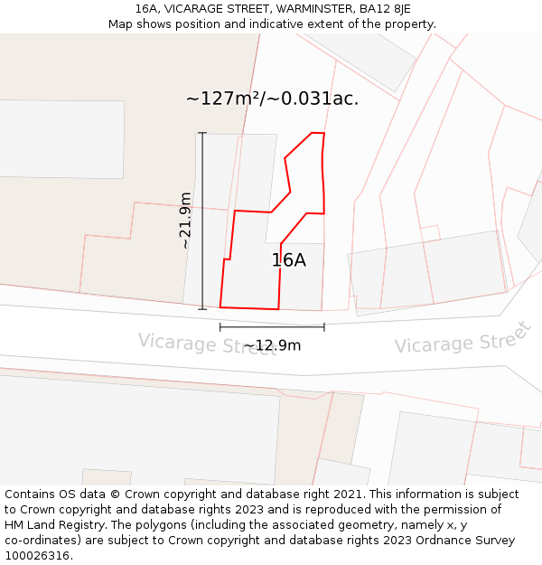 16A, VICARAGE STREET, WARMINSTER, BA12 8JE: Plot and title map