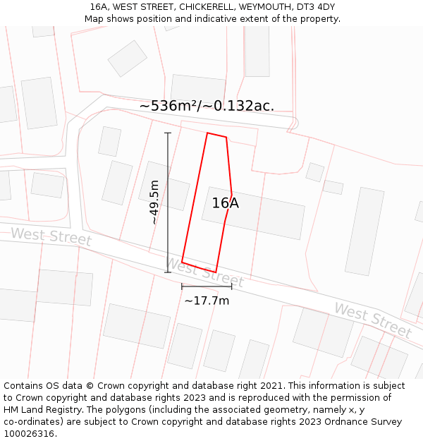 16A, WEST STREET, CHICKERELL, WEYMOUTH, DT3 4DY: Plot and title map