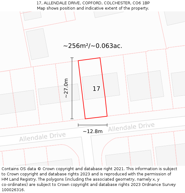 17, ALLENDALE DRIVE, COPFORD, COLCHESTER, CO6 1BP: Plot and title map