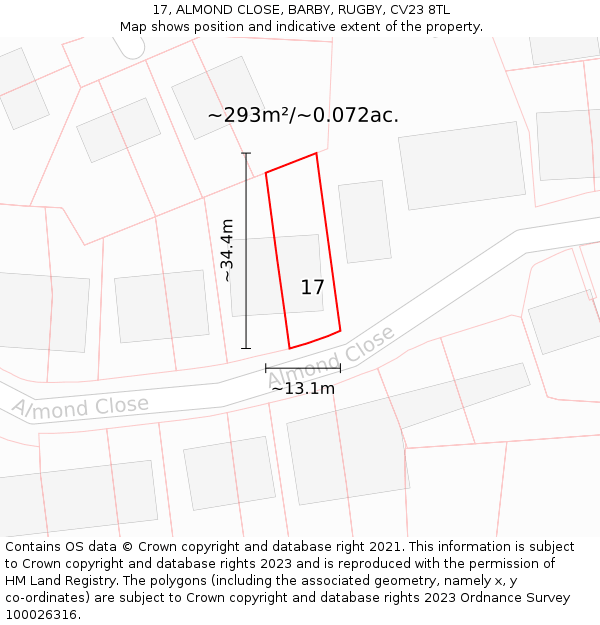 17, ALMOND CLOSE, BARBY, RUGBY, CV23 8TL: Plot and title map