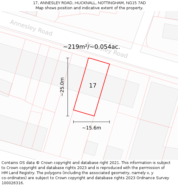 17, ANNESLEY ROAD, HUCKNALL, NOTTINGHAM, NG15 7AD: Plot and title map