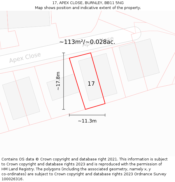 17, APEX CLOSE, BURNLEY, BB11 5NG: Plot and title map