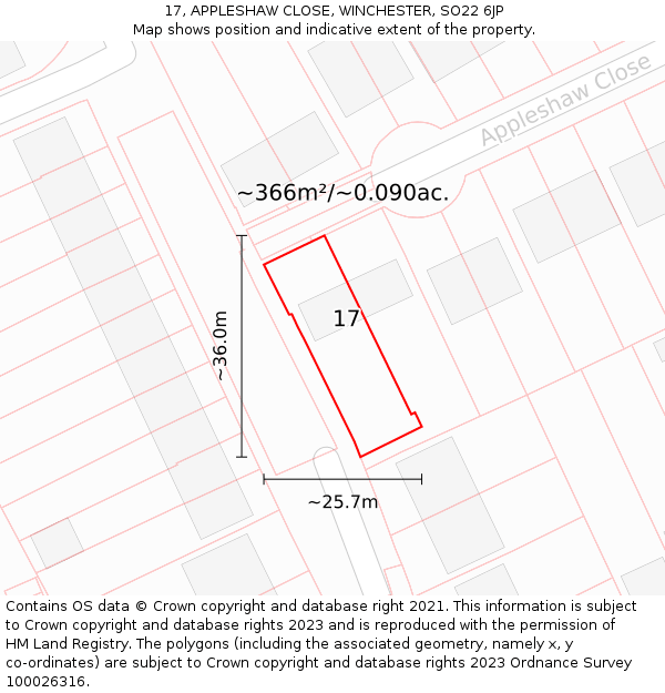 17, APPLESHAW CLOSE, WINCHESTER, SO22 6JP: Plot and title map