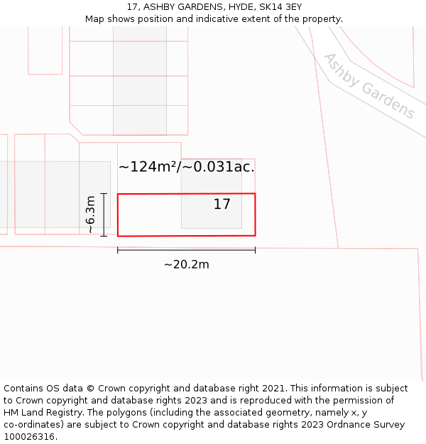 17, ASHBY GARDENS, HYDE, SK14 3EY: Plot and title map