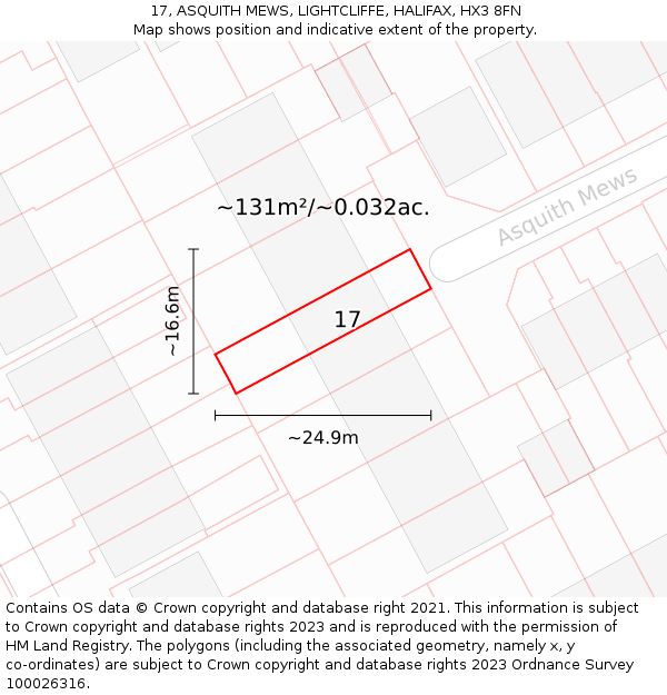 17, ASQUITH MEWS, LIGHTCLIFFE, HALIFAX, HX3 8FN: Plot and title map