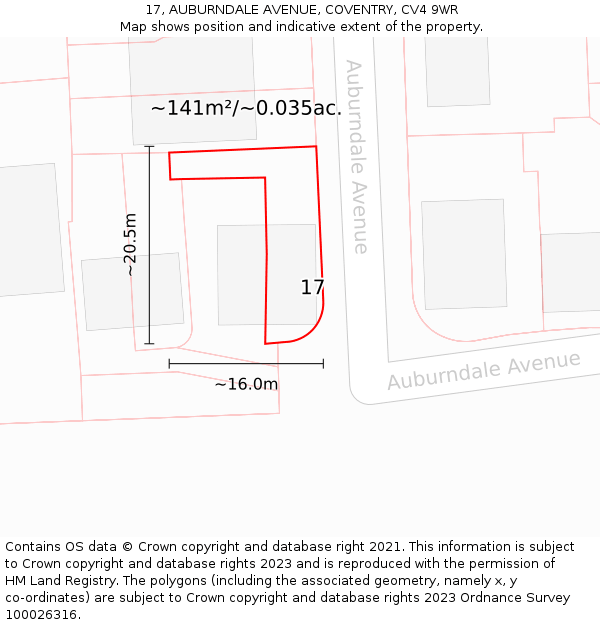 17, AUBURNDALE AVENUE, COVENTRY, CV4 9WR: Plot and title map