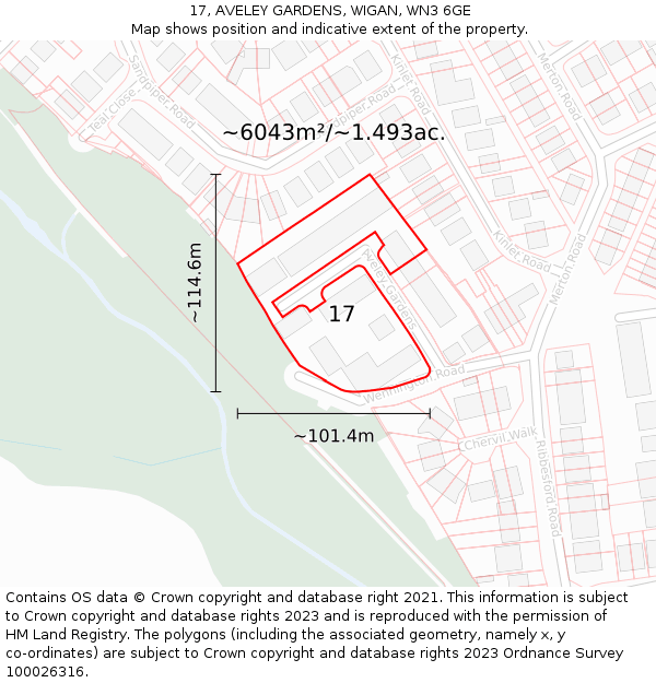 17, AVELEY GARDENS, WIGAN, WN3 6GE: Plot and title map