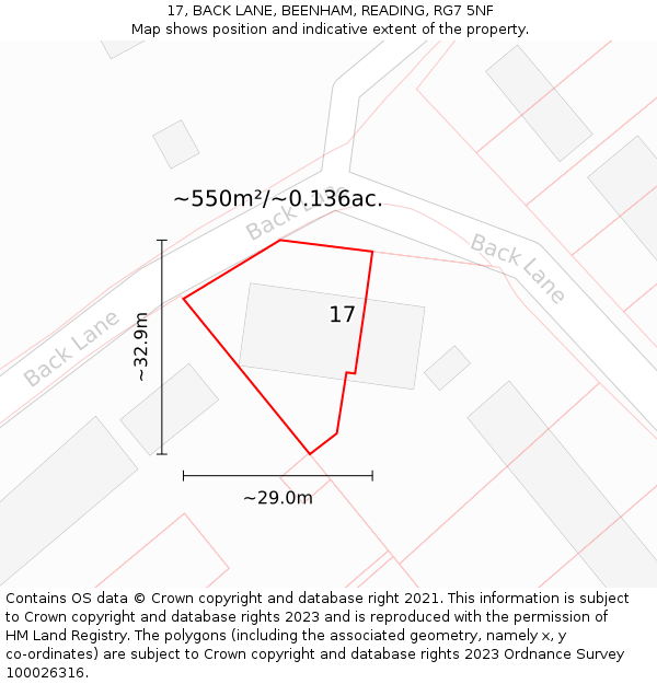 17, BACK LANE, BEENHAM, READING, RG7 5NF: Plot and title map