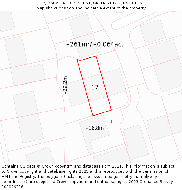 17, BALMORAL CRESCENT, OKEHAMPTON, EX20 1GN: Plot and title map