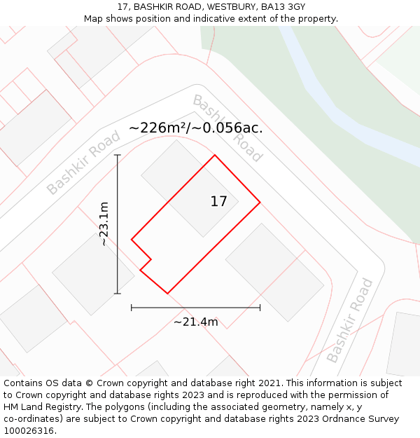 17, BASHKIR ROAD, WESTBURY, BA13 3GY: Plot and title map