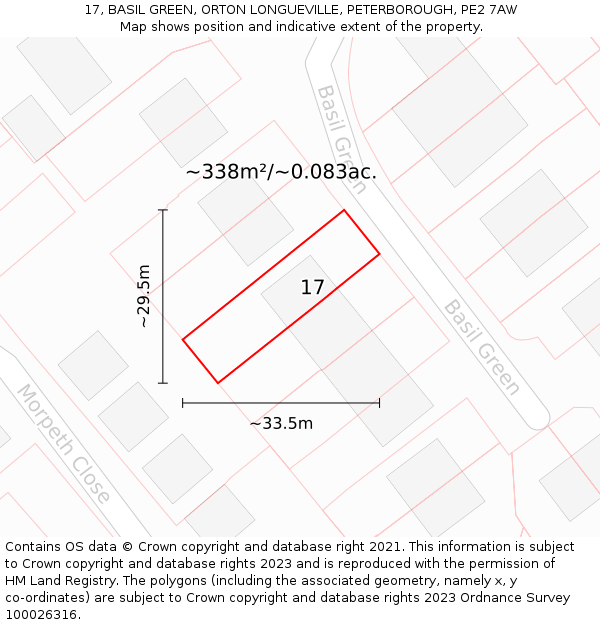 17, BASIL GREEN, ORTON LONGUEVILLE, PETERBOROUGH, PE2 7AW: Plot and title map