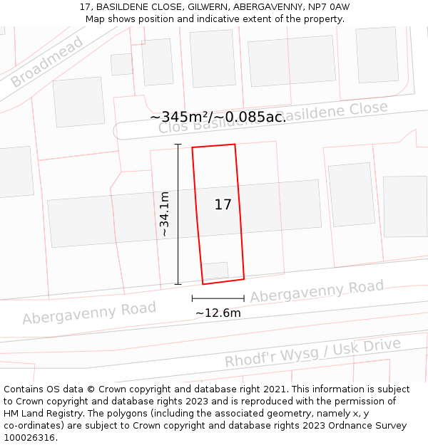 17, BASILDENE CLOSE, GILWERN, ABERGAVENNY, NP7 0AW: Plot and title map