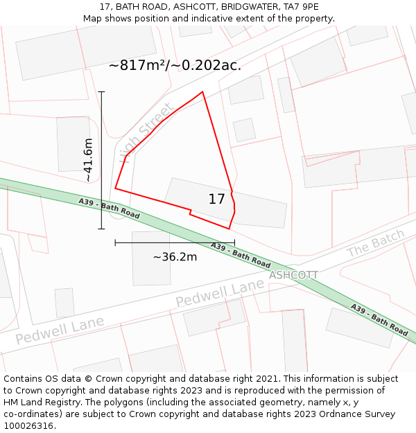 17, BATH ROAD, ASHCOTT, BRIDGWATER, TA7 9PE: Plot and title map