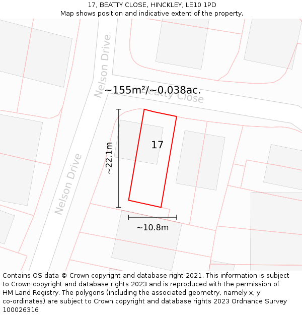 17, BEATTY CLOSE, HINCKLEY, LE10 1PD: Plot and title map