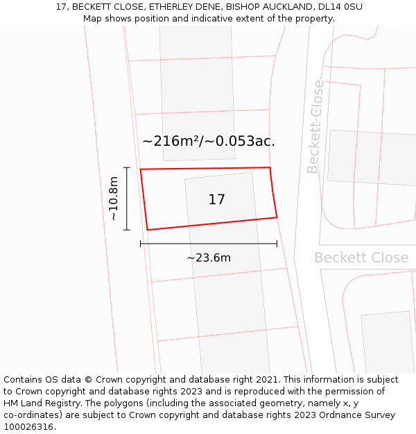 17, BECKETT CLOSE, ETHERLEY DENE, BISHOP AUCKLAND, DL14 0SU: Plot and title map