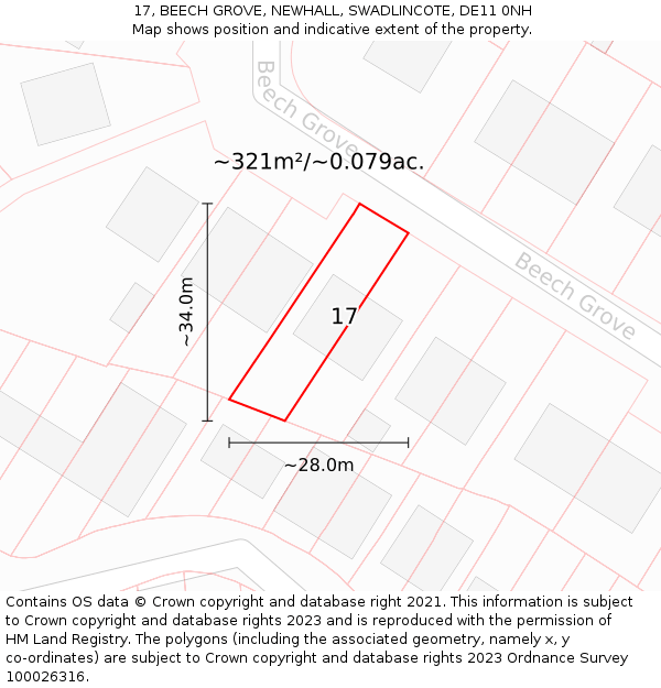 17, BEECH GROVE, NEWHALL, SWADLINCOTE, DE11 0NH: Plot and title map