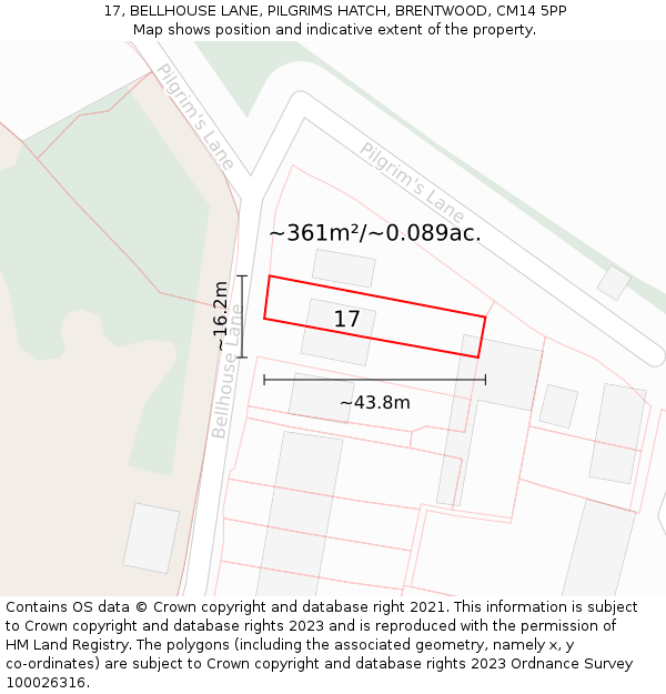 17, BELLHOUSE LANE, PILGRIMS HATCH, BRENTWOOD, CM14 5PP: Plot and title map