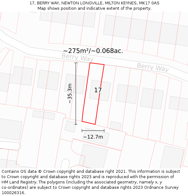 17, BERRY WAY, NEWTON LONGVILLE, MILTON KEYNES, MK17 0AS: Plot and title map