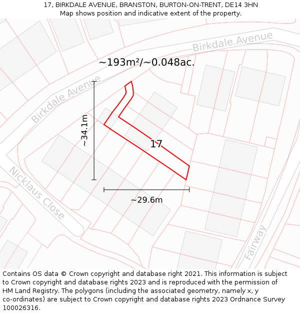 17, BIRKDALE AVENUE, BRANSTON, BURTON-ON-TRENT, DE14 3HN: Plot and title map