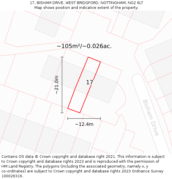 17, BISHAM DRIVE, WEST BRIDGFORD, NOTTINGHAM, NG2 6LT: Plot and title map