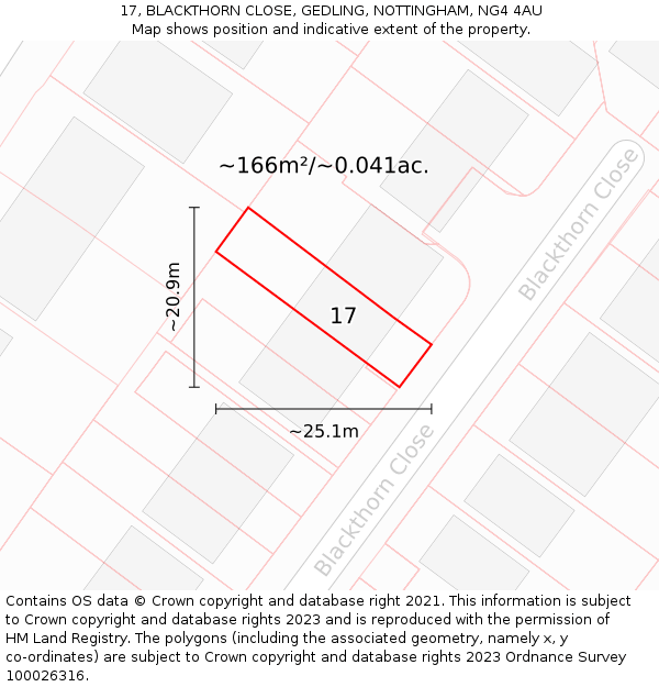 17, BLACKTHORN CLOSE, GEDLING, NOTTINGHAM, NG4 4AU: Plot and title map