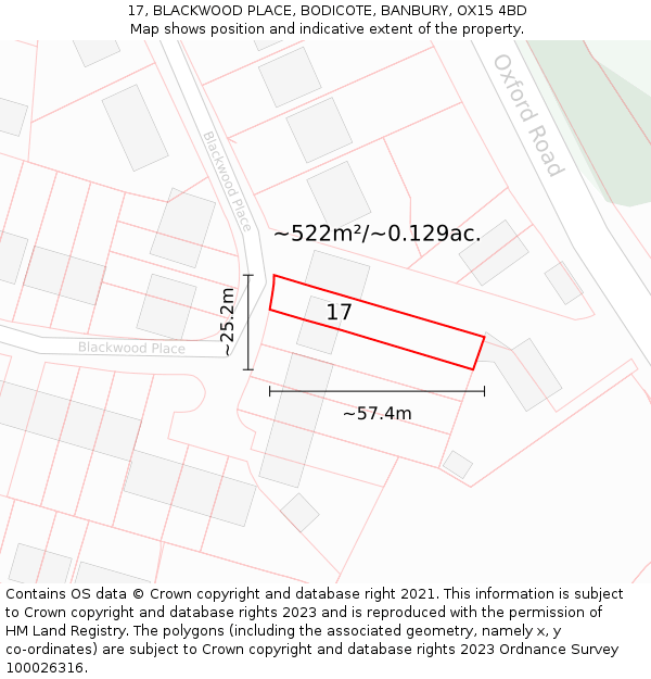 17, BLACKWOOD PLACE, BODICOTE, BANBURY, OX15 4BD: Plot and title map