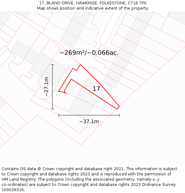 17, BLAND DRIVE, HAWKINGE, FOLKESTONE, CT18 7PX: Plot and title map