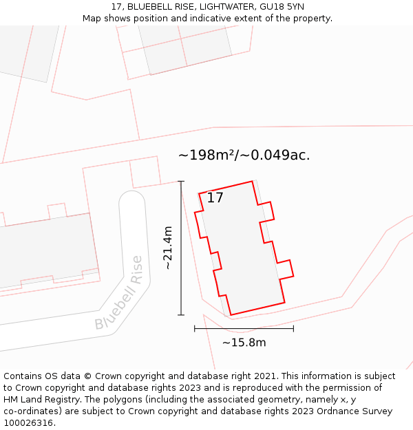 17, BLUEBELL RISE, LIGHTWATER, GU18 5YN: Plot and title map