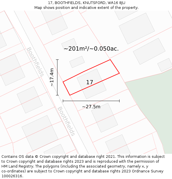 17, BOOTHFIELDS, KNUTSFORD, WA16 8JU: Plot and title map