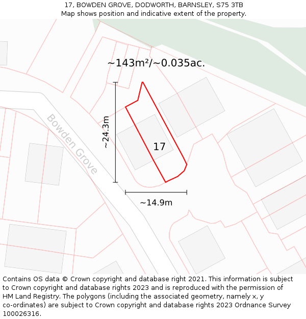 17, BOWDEN GROVE, DODWORTH, BARNSLEY, S75 3TB: Plot and title map