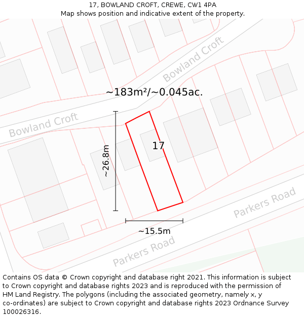 17, BOWLAND CROFT, CREWE, CW1 4PA: Plot and title map