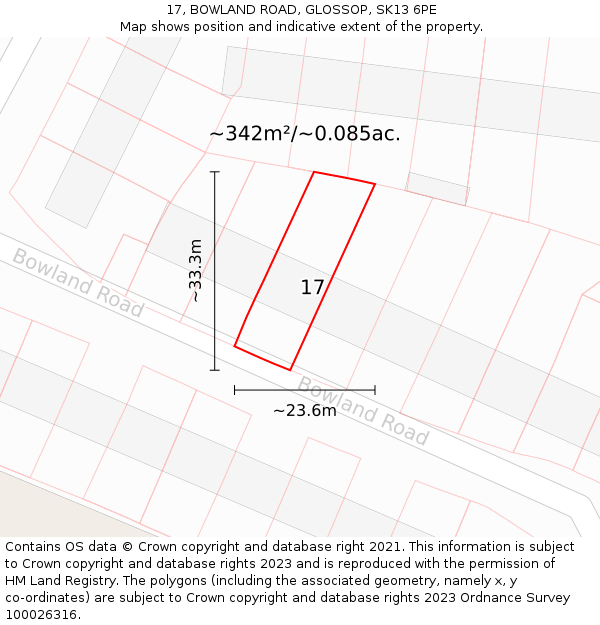 17, BOWLAND ROAD, GLOSSOP, SK13 6PE: Plot and title map